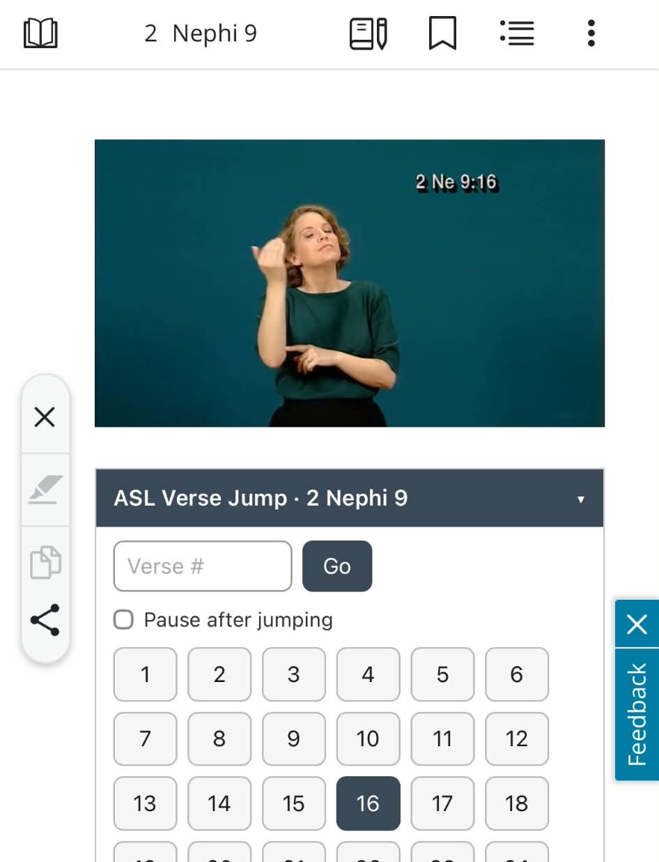 Screenshot from mobile device running browser extension on Church of Jesus Christ Book of Mormon Video with verse 16 selected.